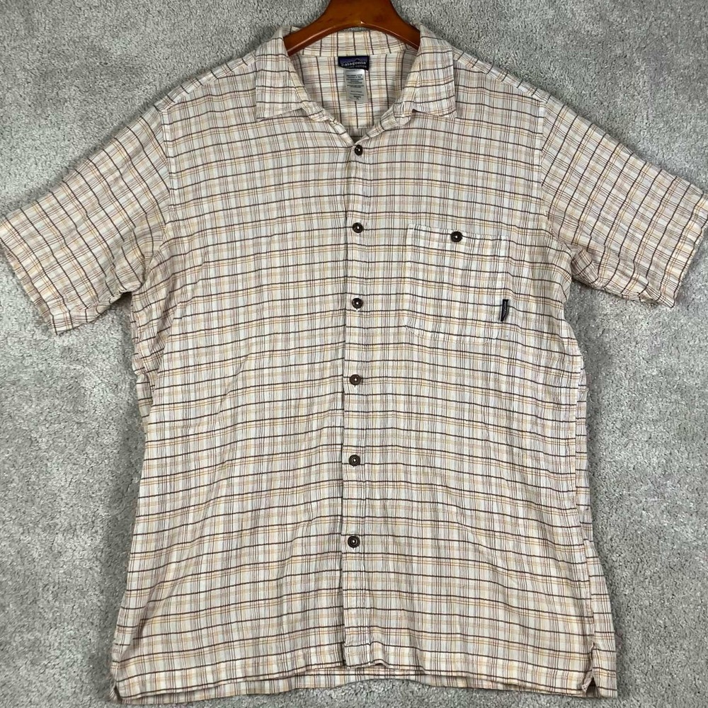 Patagonia Button Down Shirt Mens XL White Plaid Short Sleeve Organic Cotton